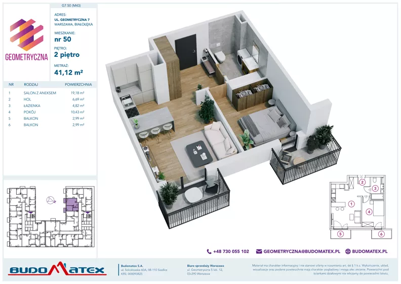 2 pokoje, mieszkanie 41,12 m², piętro 2, oferta nr G7.50, Geometryczna 7, Warszawa, Białołęka, Grodzisk, ul. Geometryczna 7