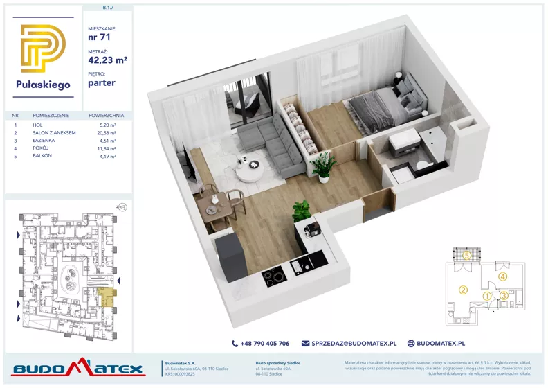 2 pokoje, mieszkanie 42,23 m², parter, oferta nr B107, Pułaskiego, Siedlce, ul. Pułaskiego