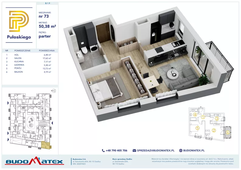 2 pokoje, mieszkanie 50,38 m², parter, oferta nr B109, Pułaskiego, Siedlce, ul. Pułaskiego