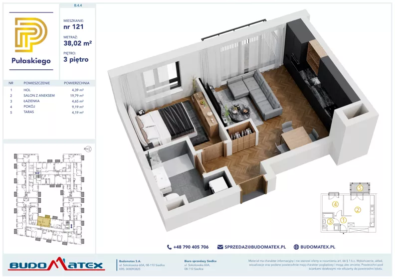 2 pokoje, mieszkanie 38,02 m², piętro 3, oferta nr B404, Pułaskiego, Siedlce, ul. Pułaskiego