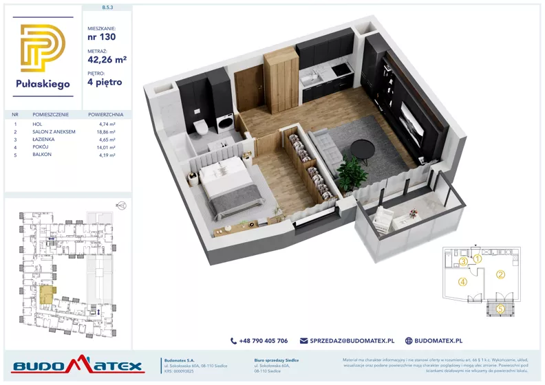 2 pokoje, mieszkanie 42,26 m², piętro 4, oferta nr B503, Pułaskiego, Siedlce, ul. Pułaskiego