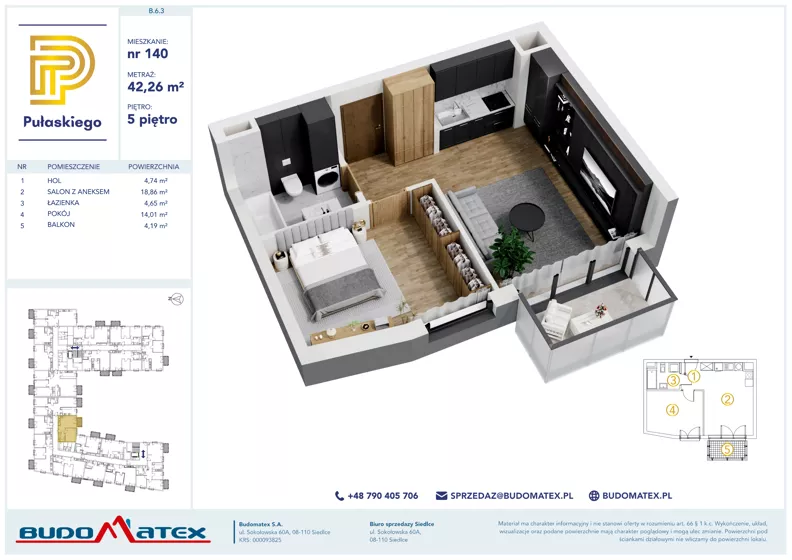 2 pokoje, mieszkanie 42,26 m², piętro 5, oferta nr B603, Pułaskiego, Siedlce, ul. Pułaskiego