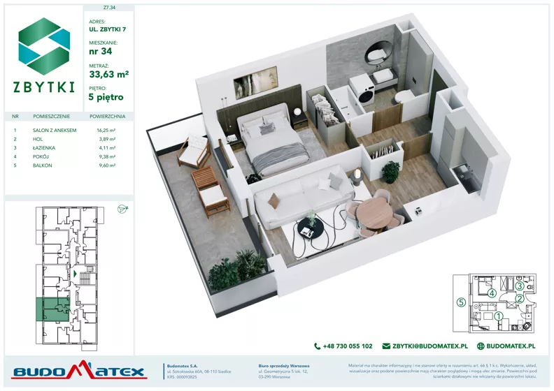 2 pokoje, mieszkanie 33,63 m², piętro 5, oferta nr Z7.34, Osiedle Zbytki II, Warszawa, Białołęka, Nowodwory, ul. Zbytki 7
