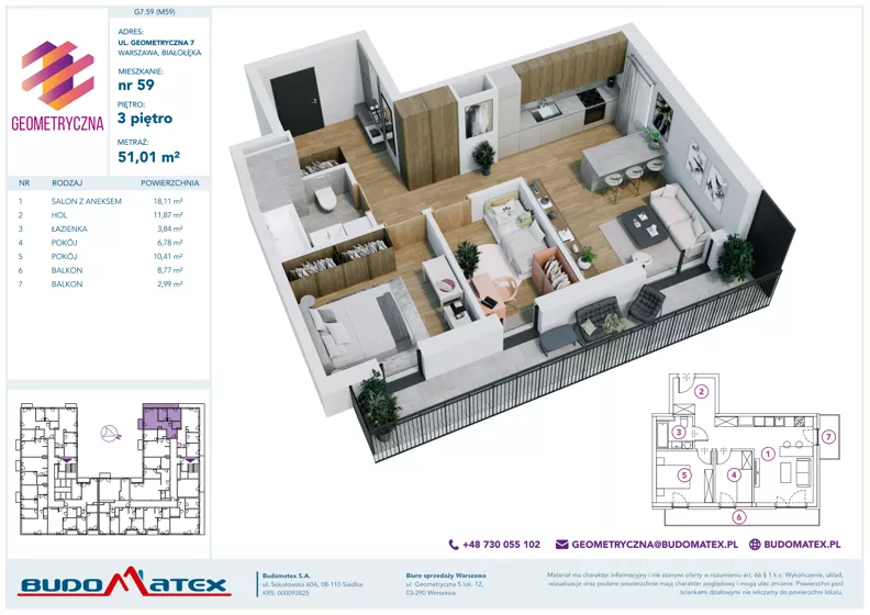 3 pokoje, mieszkanie 51,01 m², piętro 3, oferta nr G7.59, Geometryczna 7, Warszawa, Białołęka, Grodzisk, ul. Geometryczna 7