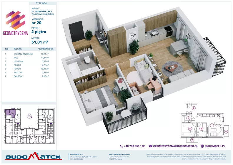 3 pokoje, mieszkanie 51,01 m², piętro 2, oferta nr G7.20, Geometryczna 7, Warszawa, Białołęka, Grodzisk, ul. Geometryczna 7