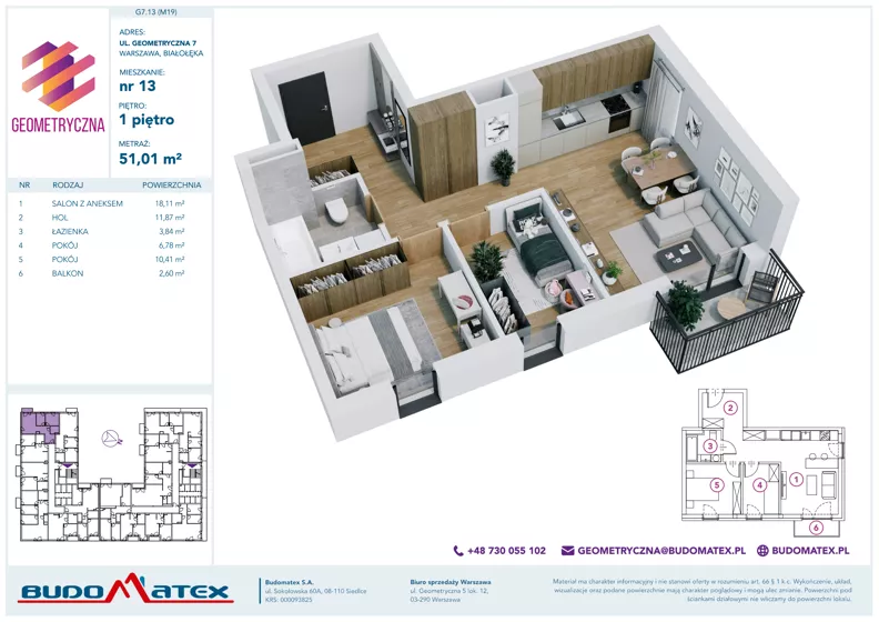 3 pokoje, mieszkanie 51,01 m², piętro 1, oferta nr G7.13, Geometryczna 7, Warszawa, Białołęka, Grodzisk, ul. Geometryczna 7