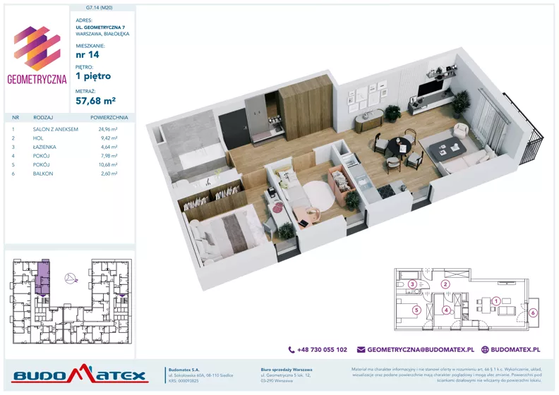 3 pokoje, mieszkanie 57,68 m², piętro 1, oferta nr G7.14, Geometryczna 7, Warszawa, Białołęka, Grodzisk, ul. Geometryczna 7
