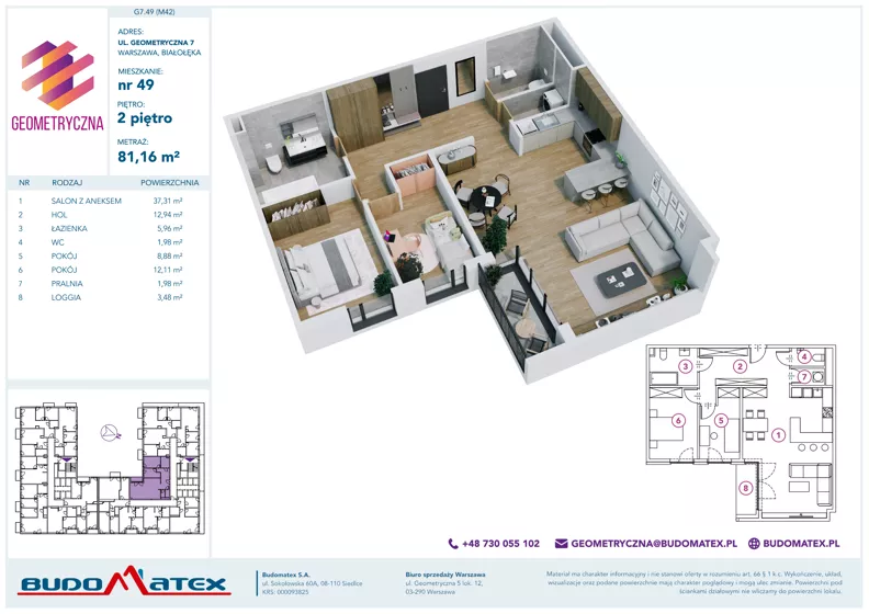 3 pokoje, mieszkanie 81,16 m², piętro 2, oferta nr G7.49, Geometryczna 7, Warszawa, Białołęka, Grodzisk, ul. Geometryczna 7