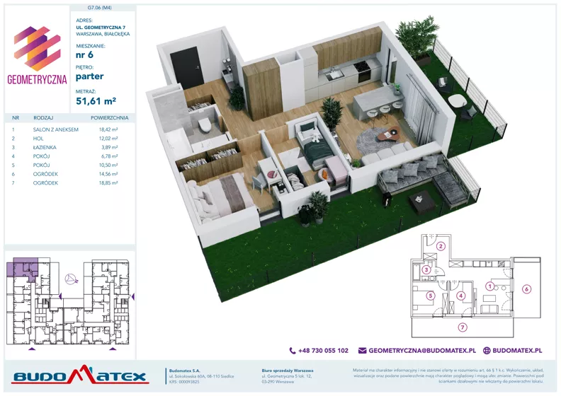 3 pokoje, mieszkanie 51,61 m², parter, oferta nr G7.06, Geometryczna 7, Warszawa, Białołęka, Grodzisk, ul. Geometryczna 7