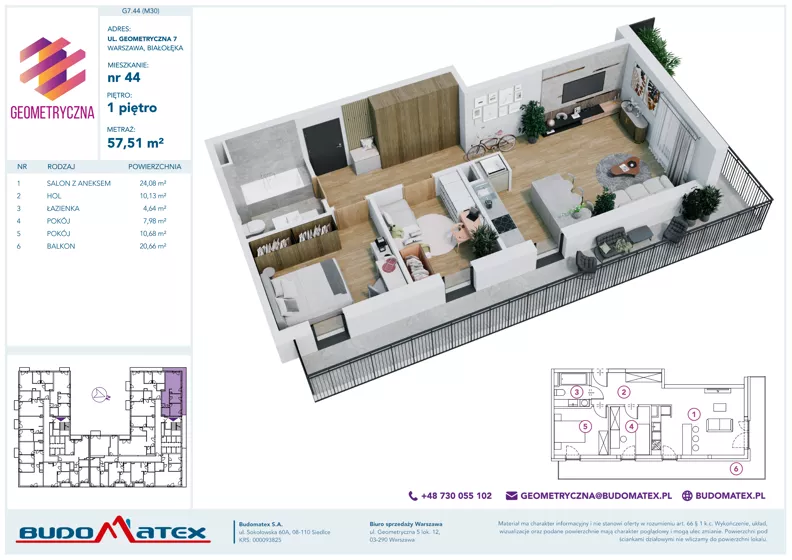 3 pokoje, mieszkanie 57,51 m², piętro 1, oferta nr G7.44, Geometryczna 7, Warszawa, Białołęka, Grodzisk, ul. Geometryczna 7