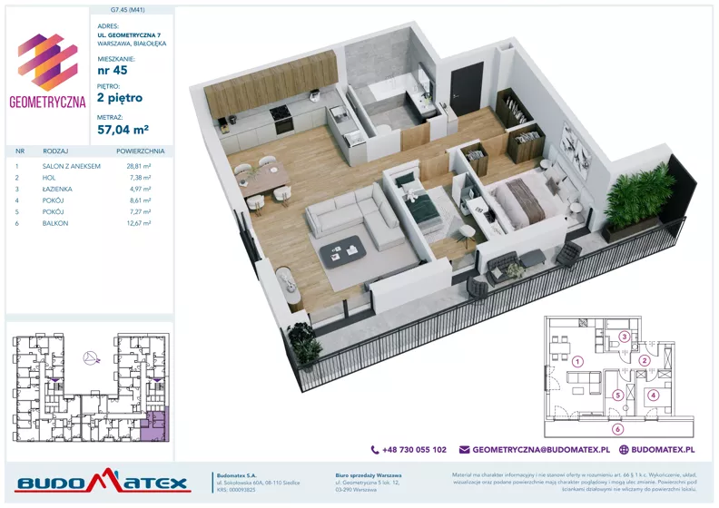 3 pokoje, mieszkanie 57,04 m², piętro 2, oferta nr G7.45, Geometryczna 7, Warszawa, Białołęka, Grodzisk, ul. Geometryczna 7