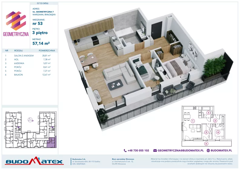 3 pokoje, mieszkanie 57,14 m², piętro 3, oferta nr G7.53, Geometryczna 7, Warszawa, Białołęka, Grodzisk, ul. Geometryczna 7