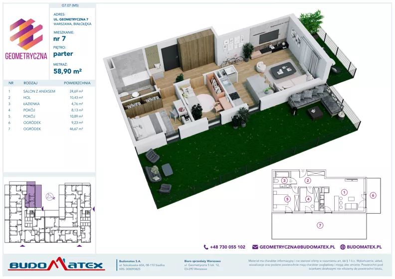 3 pokoje, mieszkanie 58,90 m², parter, oferta nr G7.07, Geometryczna 7, Warszawa, Białołęka, Grodzisk, ul. Geometryczna 7