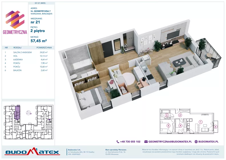 3 pokoje, mieszkanie 57,45 m², piętro 2, oferta nr G7.21, Geometryczna 7, Warszawa, Białołęka, Grodzisk, ul. Geometryczna 7