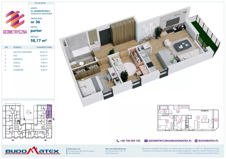 3 pokoje, mieszkanie 58,17 m², parter, oferta nr G7.36, Geometryczna 7, Warszawa, Białołęka, Grodzisk, ul. Geometryczna 7