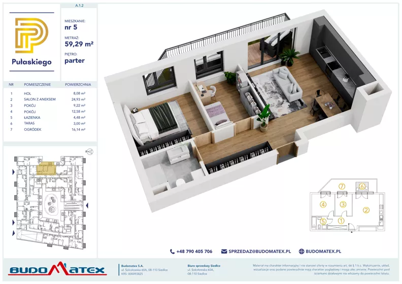 3 pokoje, mieszkanie 59,29 m², parter, oferta nr A102, Pułaskiego, Siedlce, ul. Pułaskiego