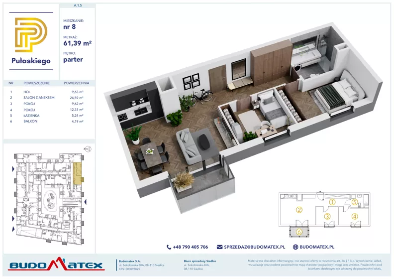 3 pokoje, mieszkanie 61,39 m², parter, oferta nr A105, Pułaskiego, Siedlce, ul. Pułaskiego
