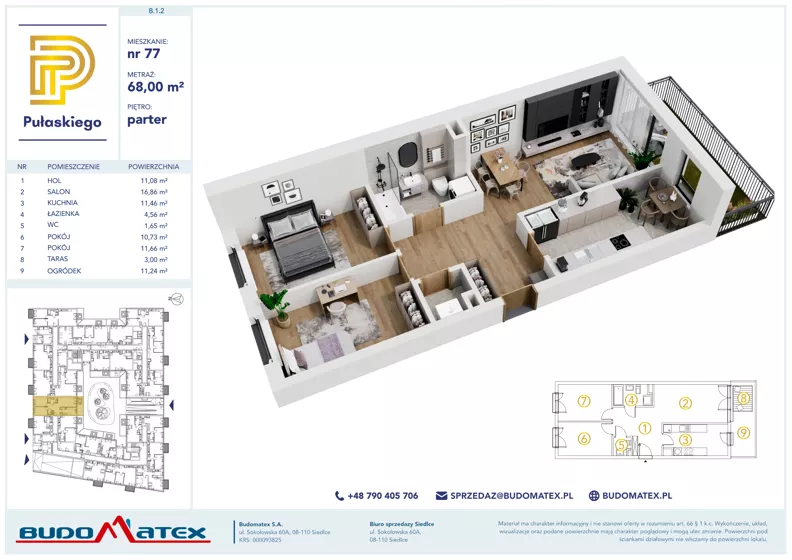 3 pokoje, mieszkanie 68,00 m², parter, oferta nr B102, Pułaskiego, Siedlce, ul. Pułaskiego