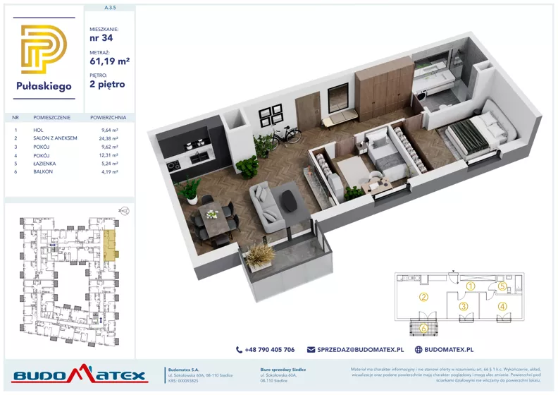 3 pokoje, mieszkanie 61,19 m², piętro 2, oferta nr A305, Pułaskiego, Siedlce, ul. Pułaskiego
