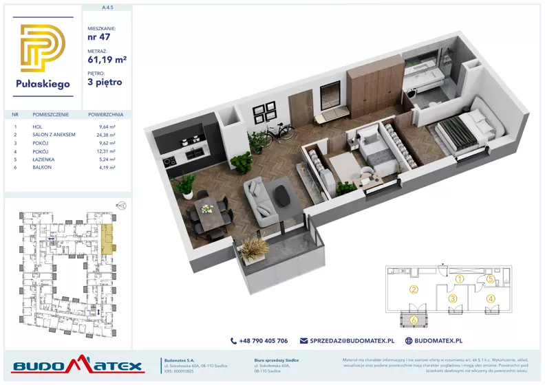 3 pokoje, mieszkanie 61,19 m², piętro 3, oferta nr A405, Pułaskiego, Siedlce, ul. Pułaskiego