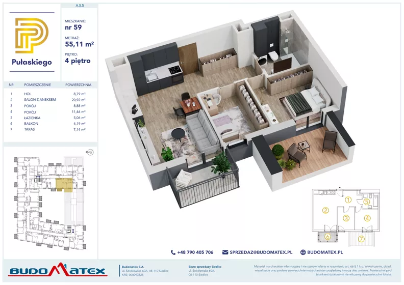 3 pokoje, mieszkanie 55,11 m², piętro 4, oferta nr A505, Pułaskiego, Siedlce, ul. Pułaskiego