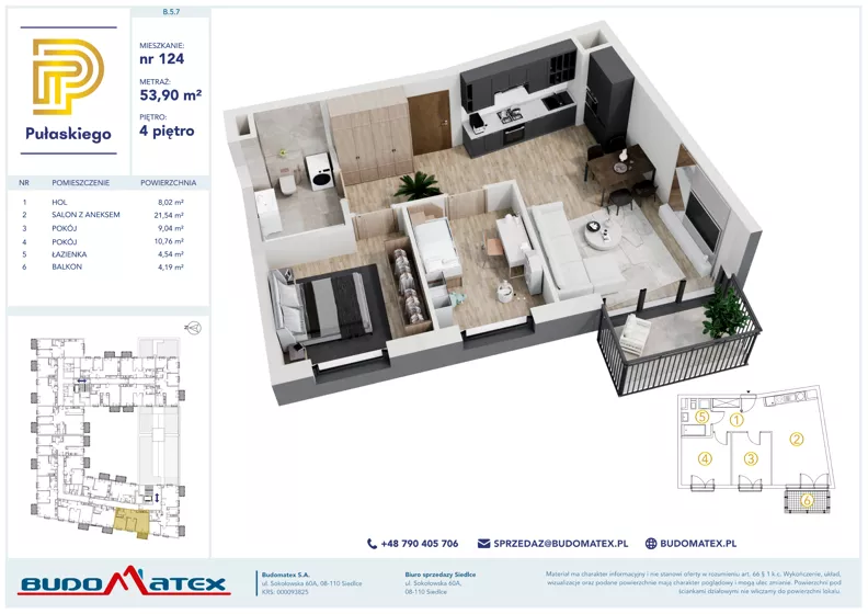 3 pokoje, mieszkanie 53,90 m², piętro 4, oferta nr B507, Pułaskiego, Siedlce, ul. Pułaskiego