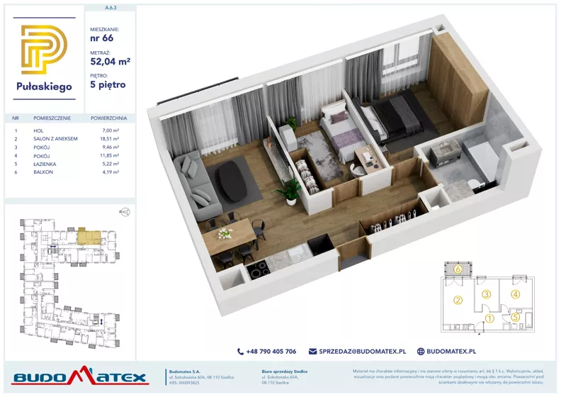 3 pokoje, mieszkanie 52,04 m², piętro 5, oferta nr A603, Pułaskiego, Siedlce, ul. Pułaskiego