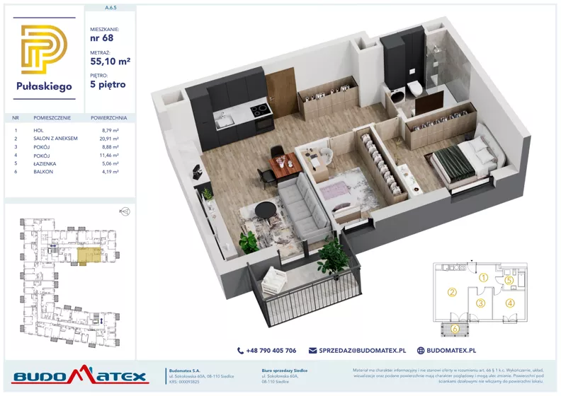 3 pokoje, mieszkanie 55,10 m², piętro 5, oferta nr A605, Pułaskiego, Siedlce, ul. Pułaskiego