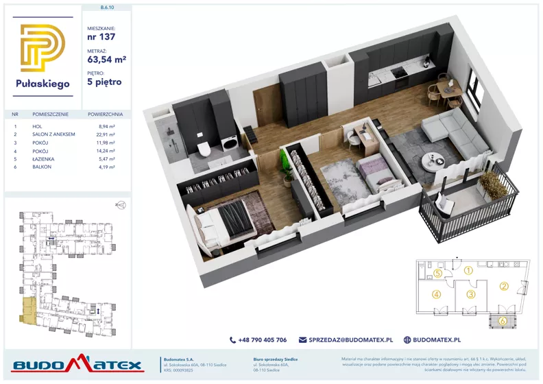 3 pokoje, mieszkanie 63,54 m², piętro 5, oferta nr B610, Pułaskiego, Siedlce, ul. Pułaskiego
