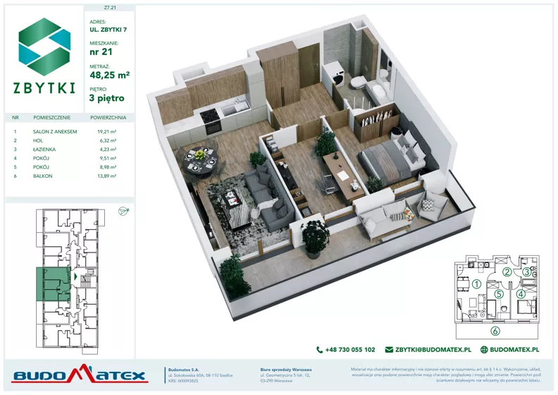 3 pokoje, mieszkanie 48,25 m², piętro 3, oferta nr Z7.21, Osiedle Zbytki II, Warszawa, Białołęka, Nowodwory, ul. Zbytki 7