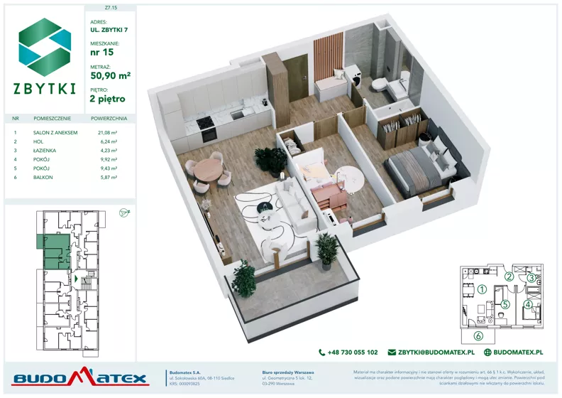 3 pokoje, mieszkanie 50,90 m², piętro 2, oferta nr Z7.15, Osiedle Zbytki II, Warszawa, Białołęka, Nowodwory, ul. Zbytki 7