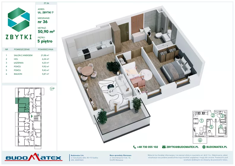3 pokoje, mieszkanie 50,90 m², piętro 5, oferta nr Z7.36, Osiedle Zbytki II, Warszawa, Białołęka, Nowodwory, ul. Zbytki 7