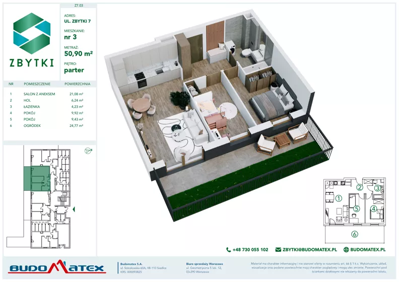 3 pokoje, mieszkanie 50,90 m², parter, oferta nr Z7.03, Osiedle Zbytki II, Warszawa, Białołęka, Nowodwory, ul. Zbytki 7
