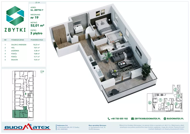 3 pokoje, mieszkanie 52,01 m², piętro 3, oferta nr Z7.19, Osiedle Zbytki II, Warszawa, Białołęka, Nowodwory, ul. Zbytki 7