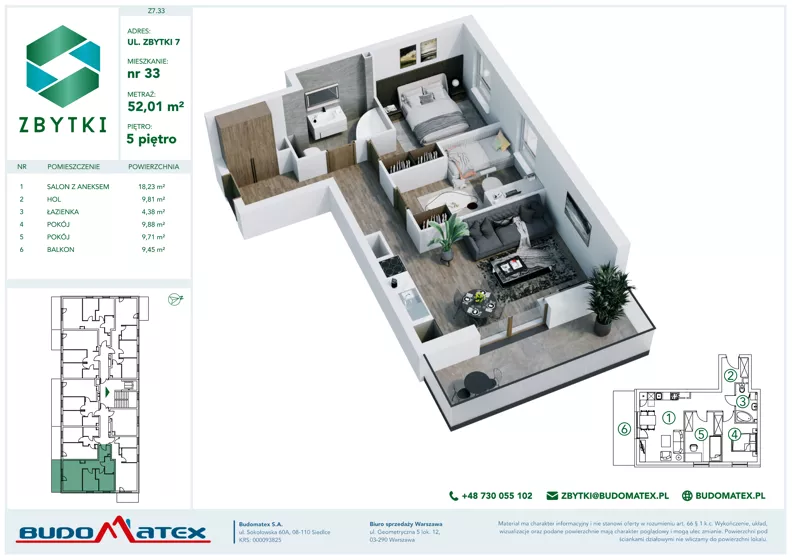 3 pokoje, mieszkanie 52,01 m², piętro 5, oferta nr Z7.33, Osiedle Zbytki II, Warszawa, Białołęka, Nowodwory, ul. Zbytki 7