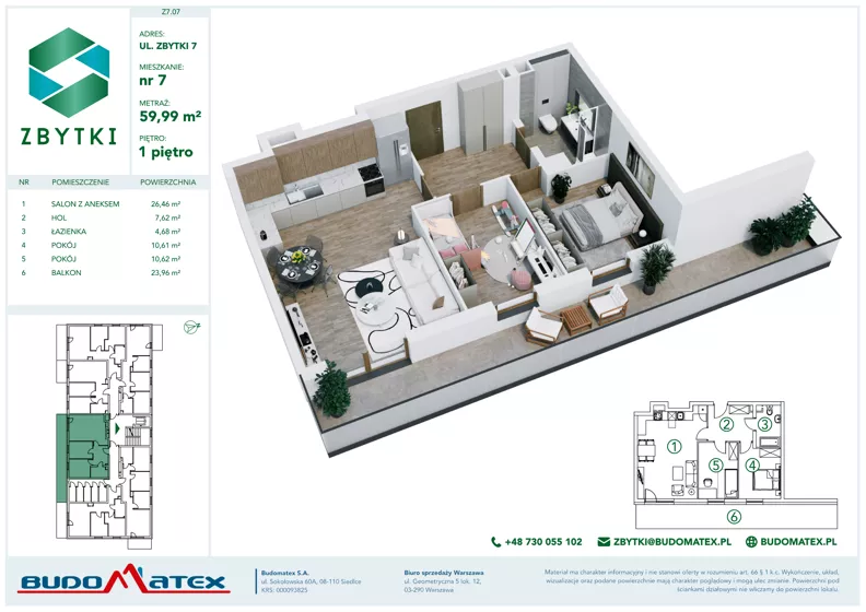 3 pokoje, mieszkanie 59,99 m², piętro 1, oferta nr Z7.07, Osiedle Zbytki II, Warszawa, Białołęka, Nowodwory, ul. Zbytki 7