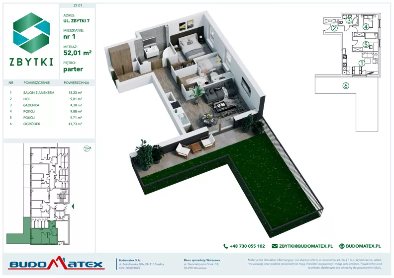 3 pokoje, mieszkanie 52,01 m², parter, oferta nr Z7.01, Osiedle Zbytki II, Warszawa, Białołęka, Nowodwory, ul. Zbytki 7