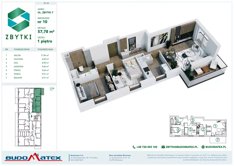 3 pokoje, mieszkanie 57,78 m², piętro 1, oferta nr Z7.10, Osiedle Zbytki II, Warszawa, Białołęka, Nowodwory, ul. Zbytki 7