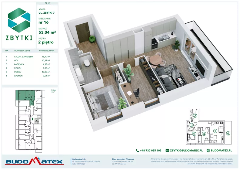 3 pokoje, mieszkanie 53,04 m², piętro 2, oferta nr Z7.16, Osiedle Zbytki II, Warszawa, Białołęka, Nowodwory, ul. Zbytki 7