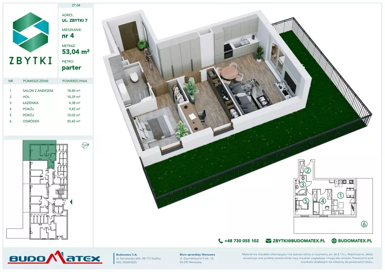 3 pokoje, mieszkanie 53,04 m², parter, oferta nr Z7.04, Osiedle Zbytki II, Warszawa, Białołęka, Nowodwory, ul. Zbytki 7