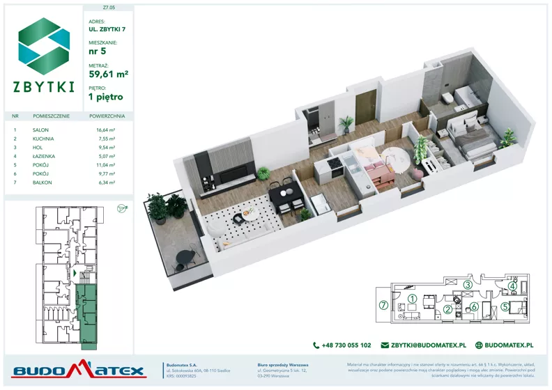 3 pokoje, mieszkanie 59,61 m², piętro 1, oferta nr Z7.05, Osiedle Zbytki II, Warszawa, Białołęka, Nowodwory, ul. Zbytki 7