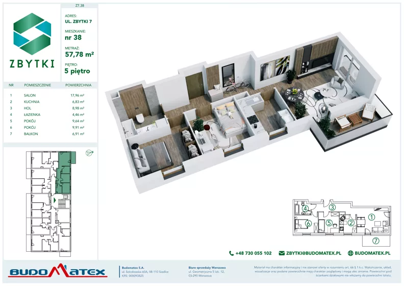 3 pokoje, mieszkanie 57,78 m², piętro 5, oferta nr Z7.38, Osiedle Zbytki II, Warszawa, Białołęka, Nowodwory, ul. Zbytki 7