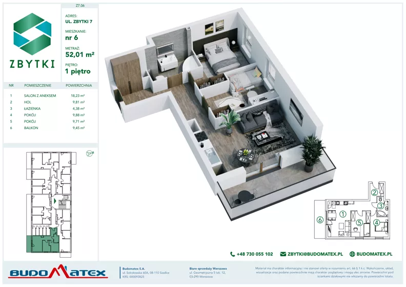 3 pokoje, mieszkanie 52,01 m², piętro 1, oferta nr Z7.06, Osiedle Zbytki II, Warszawa, Białołęka, Nowodwory, ul. Zbytki 7