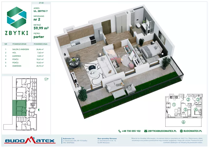 3 pokoje, mieszkanie 59,99 m², parter, oferta nr Z7.02, Osiedle Zbytki II, Warszawa, Białołęka, Nowodwory, ul. Zbytki 7