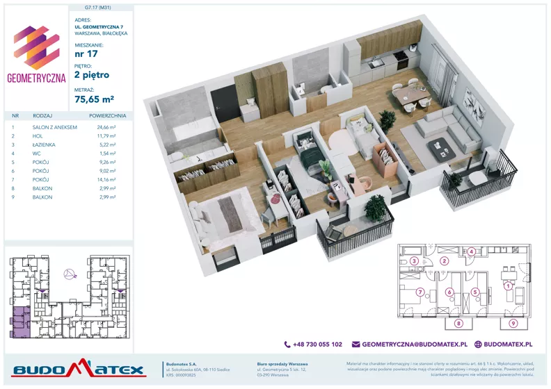 4 pokoje, mieszkanie 75,65 m², piętro 2, oferta nr G7.17, Geometryczna 7, Warszawa, Białołęka, Grodzisk, ul. Geometryczna 7