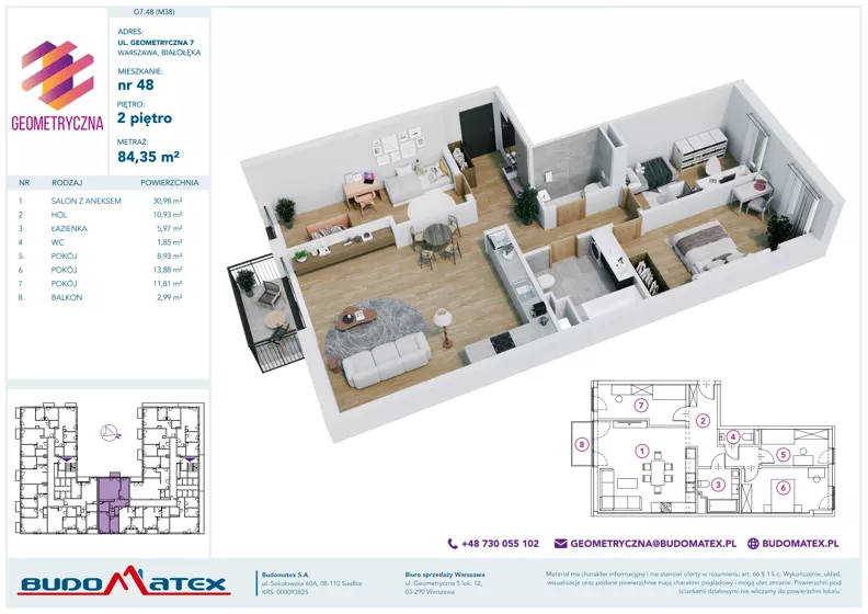 4 pokoje, mieszkanie 84,35 m², piętro 2, oferta nr G7.48, Geometryczna 7, Warszawa, Białołęka, Grodzisk, ul. Geometryczna 7