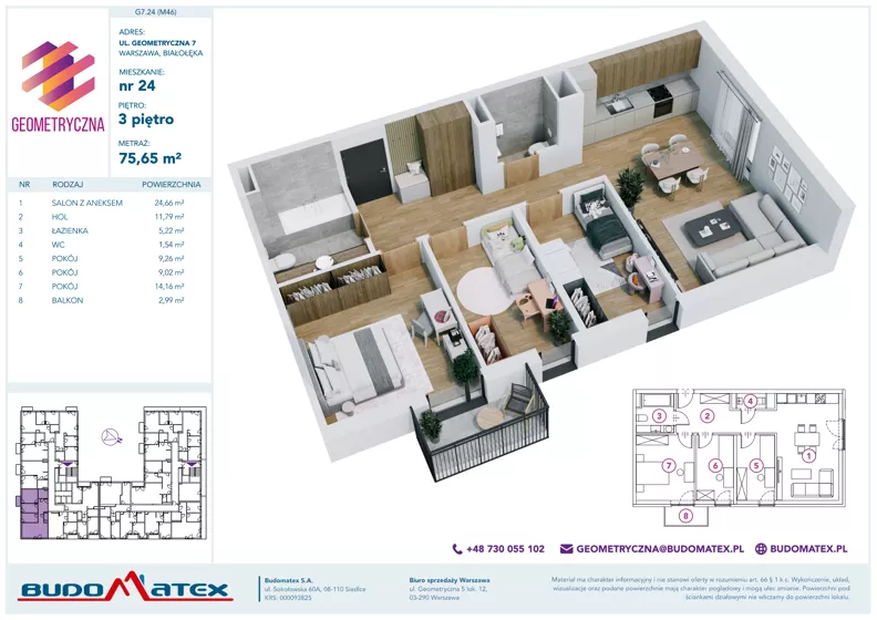 4 pokoje, mieszkanie 75,65 m², piętro 3, oferta nr G7.24, Geometryczna 7, Warszawa, Białołęka, Grodzisk, ul. Geometryczna 7