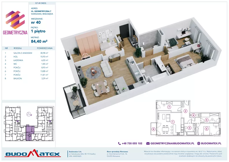4 pokoje, mieszkanie 84,40 m², piętro 1, oferta nr G7.40, Geometryczna 7, Warszawa, Białołęka, Grodzisk, ul. Geometryczna 7