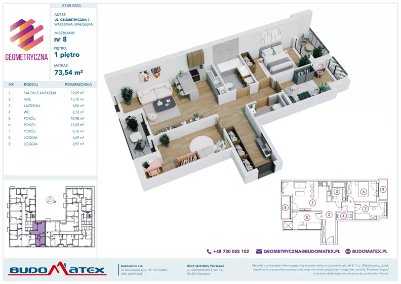 4 pokoje, mieszkanie 73,54 m², piętro 1, oferta nr G7.08, Geometryczna 7, Warszawa, Białołęka, Grodzisk, ul. Geometryczna 7