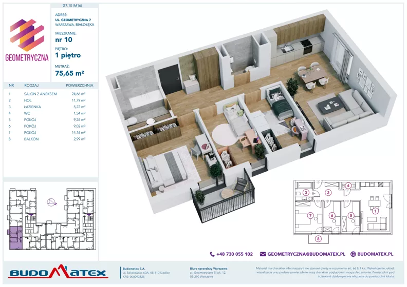 4 pokoje, mieszkanie 75,65 m², piętro 1, oferta nr G7.10, Geometryczna 7, Warszawa, Białołęka, Grodzisk, ul. Geometryczna 7